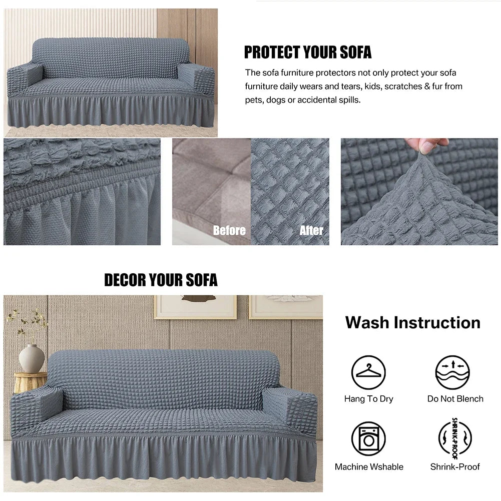 High Elastic Bubble Grid Sofa Cover 1/2/3/4 With Skirt Hem Universal Stretch Couch Protector For Home Living Room Pet Anti Dirt