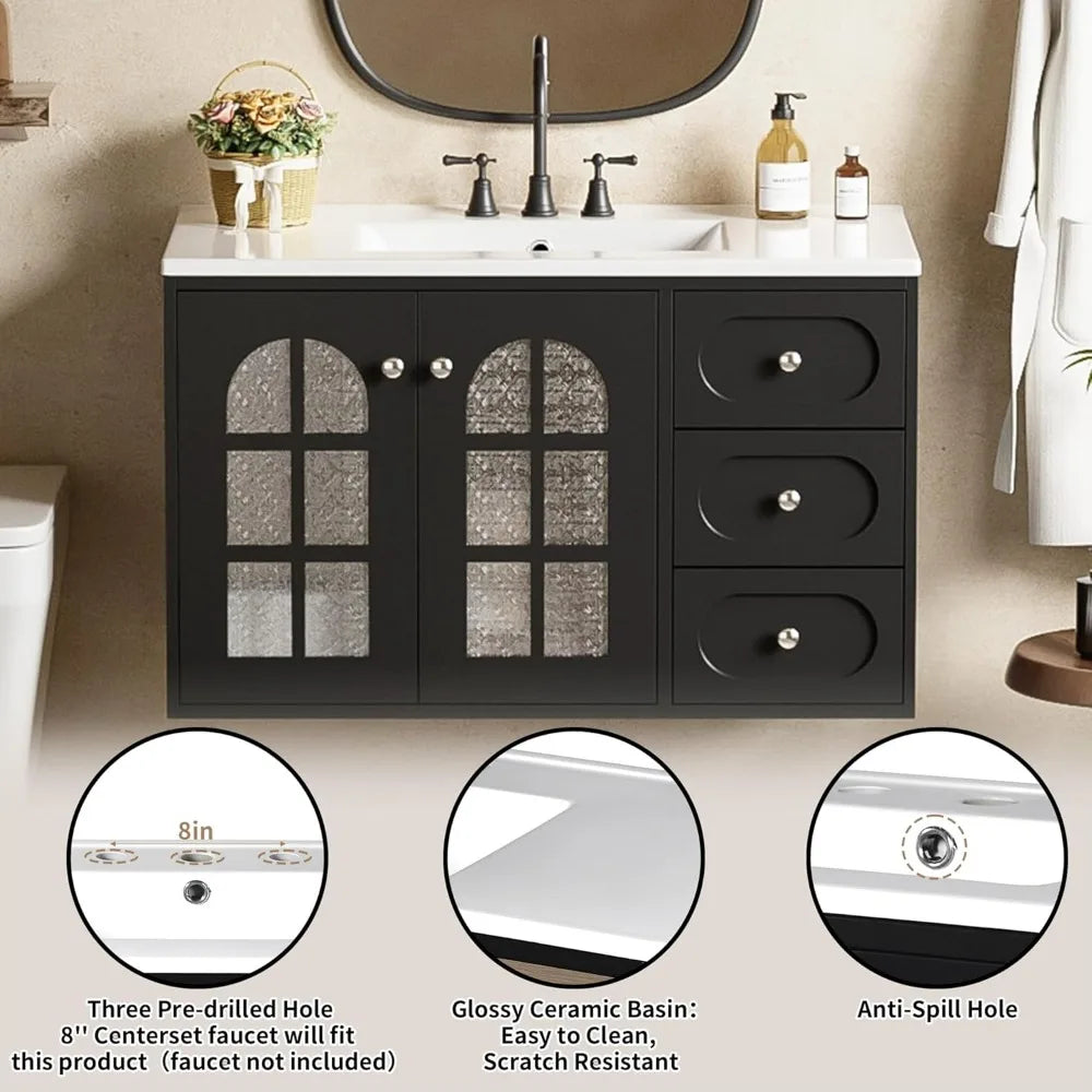 36 Inch Floating Bathroom Vanity with Ceramic Sink, Wall Mounted Bathroom Cabinet with 3 Drawers & Soft-Close System Cabinet, B