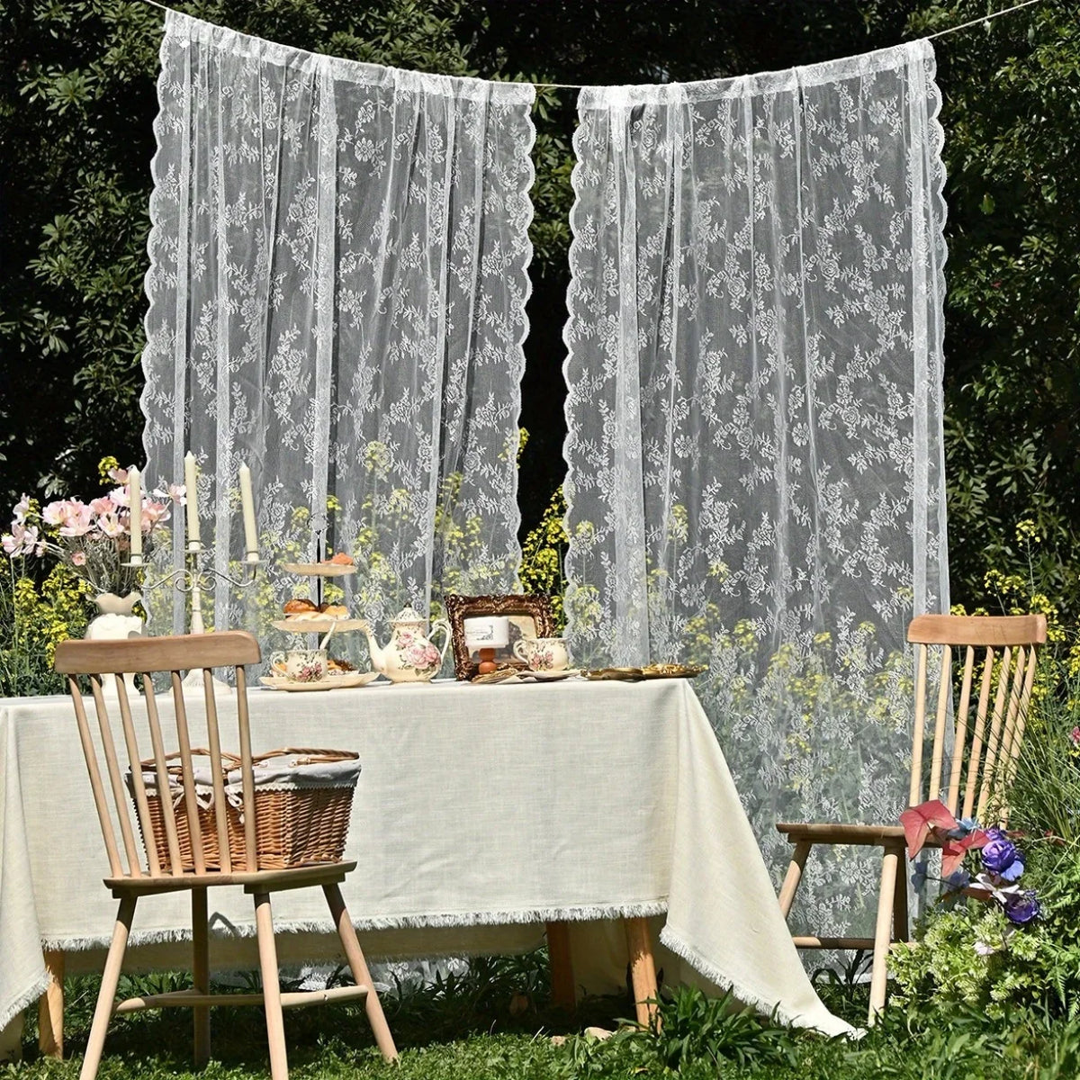 2-Piece Elegant Sheer Curtains | Wave Lace Trim Window Panels