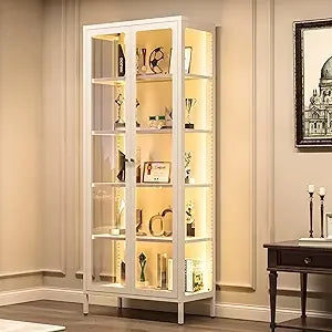 5 Tier Glass Display Cabinet with 12 Color LED Lights, 67" Lighted Curio Cabinet with Glass Doors & Adjustable Shelves,
