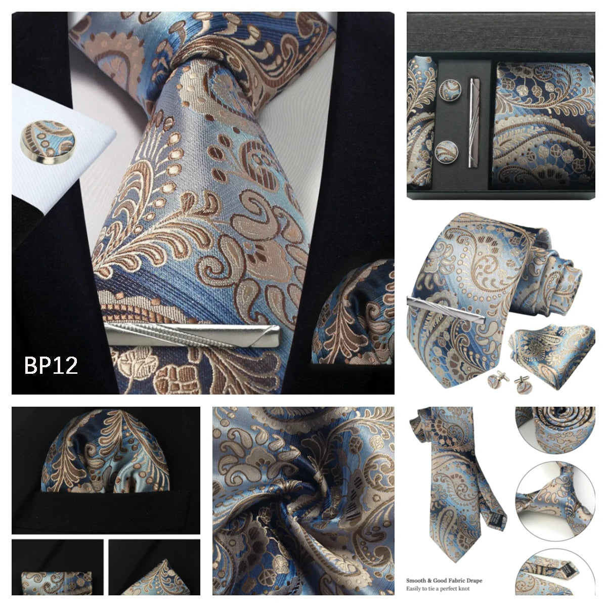 Luxury 100% Silk Paisley Floral Men’s Necktie Set | Business Tie with Matching Pocket Square & Formal Accessories