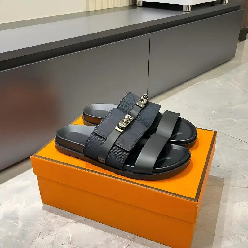 Luxury Women’s Leather Buckle Slide Sandals