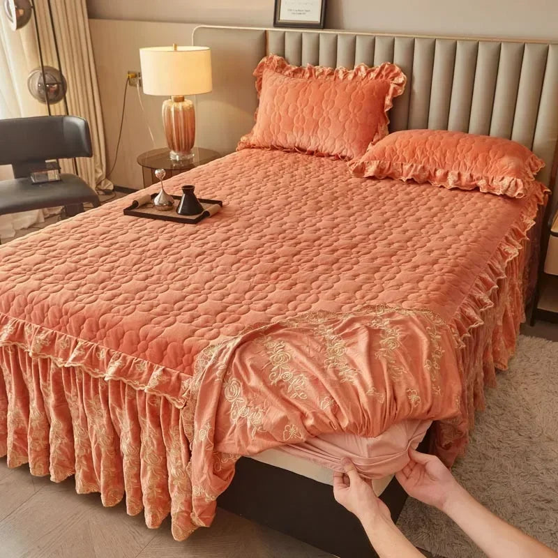 Luxury Velvet Ruffled Bedspread Set with Pillow Covers