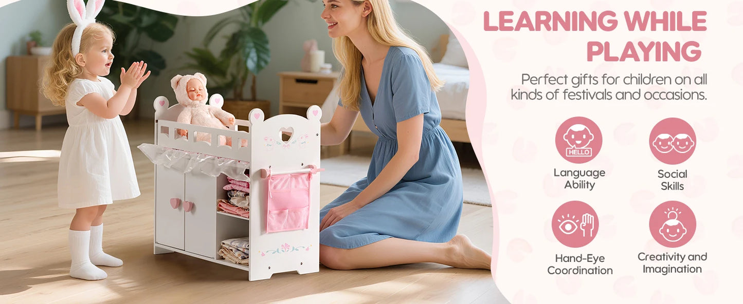 Robotime Robud Doll Crib Changing Table Wooden with Storage Bedding Hooks Fits 18-21" Baby Dolls Pretend Play Gift for Girls