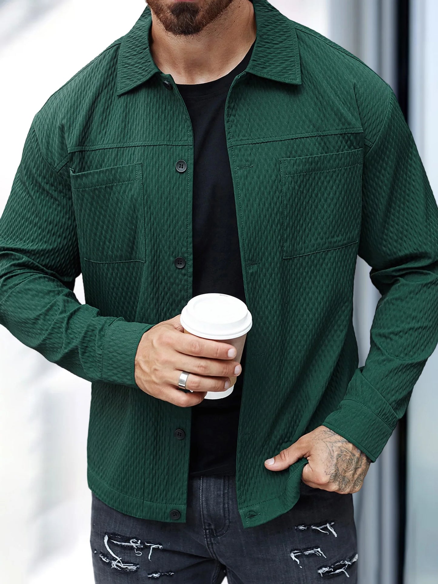 Men s Casual Shirt Jacket Regular Fit Solid Color Long Sleeve Button-up Tops Spring Fall Streetwear Fashion Outwear Coat