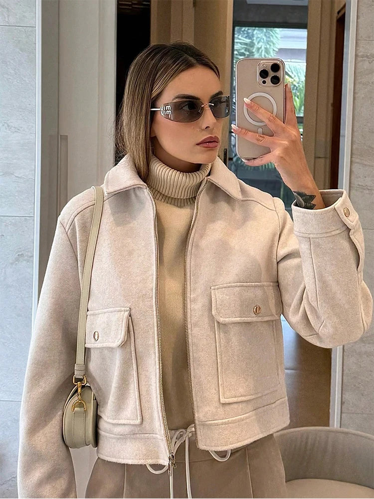 Women's Corduroy Zip-Up Jacket – Casual Long Sleeve Winter Coat with Stand Collar
