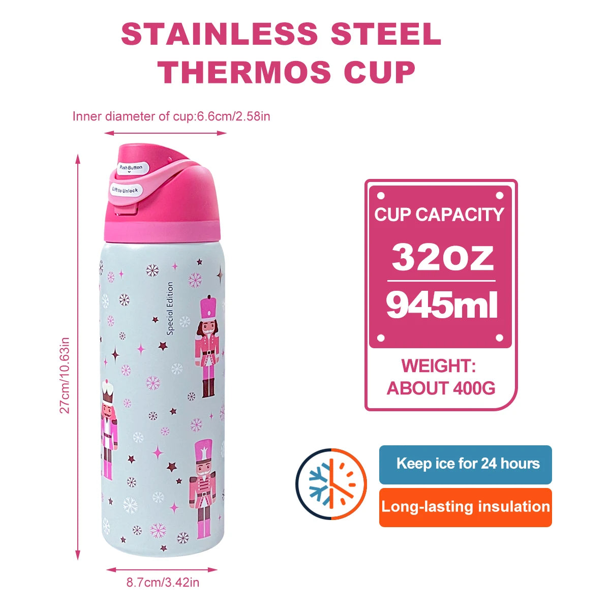 32 oz Insulated Stainless Steel Water Bottle .Leakproof Travel Thermos with 24+ Hour Temperature Retention