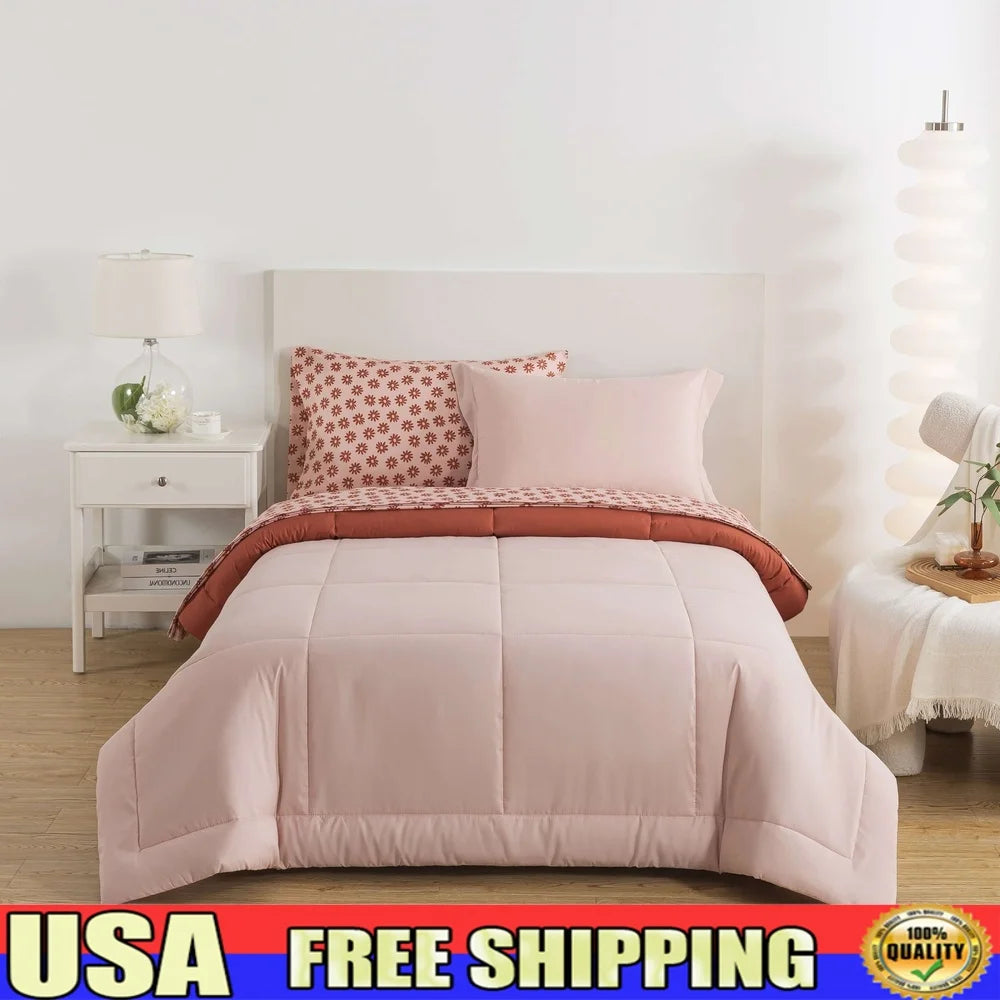 5-Piece Reversible Bed in a Bag Comforter Set with Sheets Soft Pink Red Canyon Twin XL Cozy Bedding All Ages