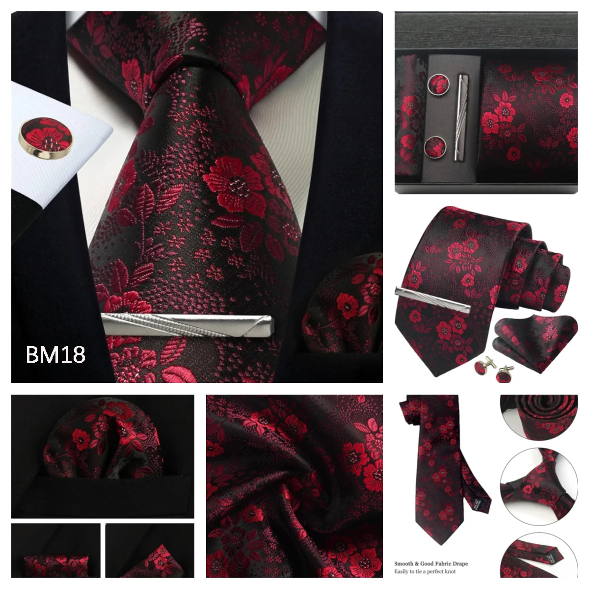 Luxury 100% Silk Paisley Floral Men’s Necktie Set | Business Tie with Matching Pocket Square & Formal Accessories