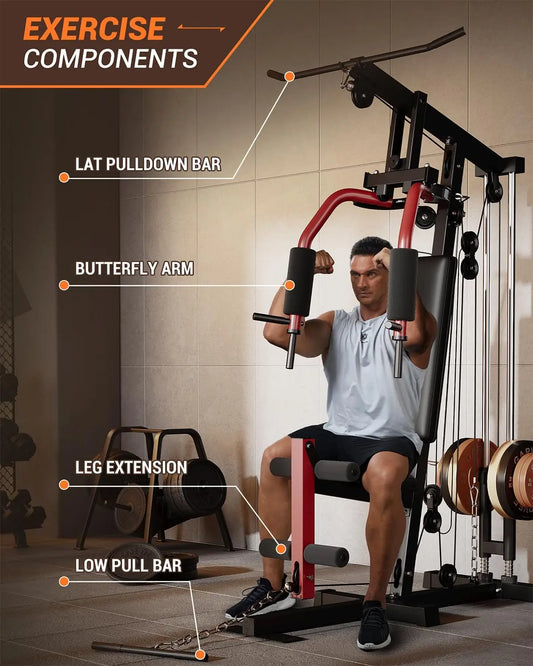 Home Gym Machine Full Body Workout Equipment with Pulley System,Leg Press Support for Strength Training, Workout Station