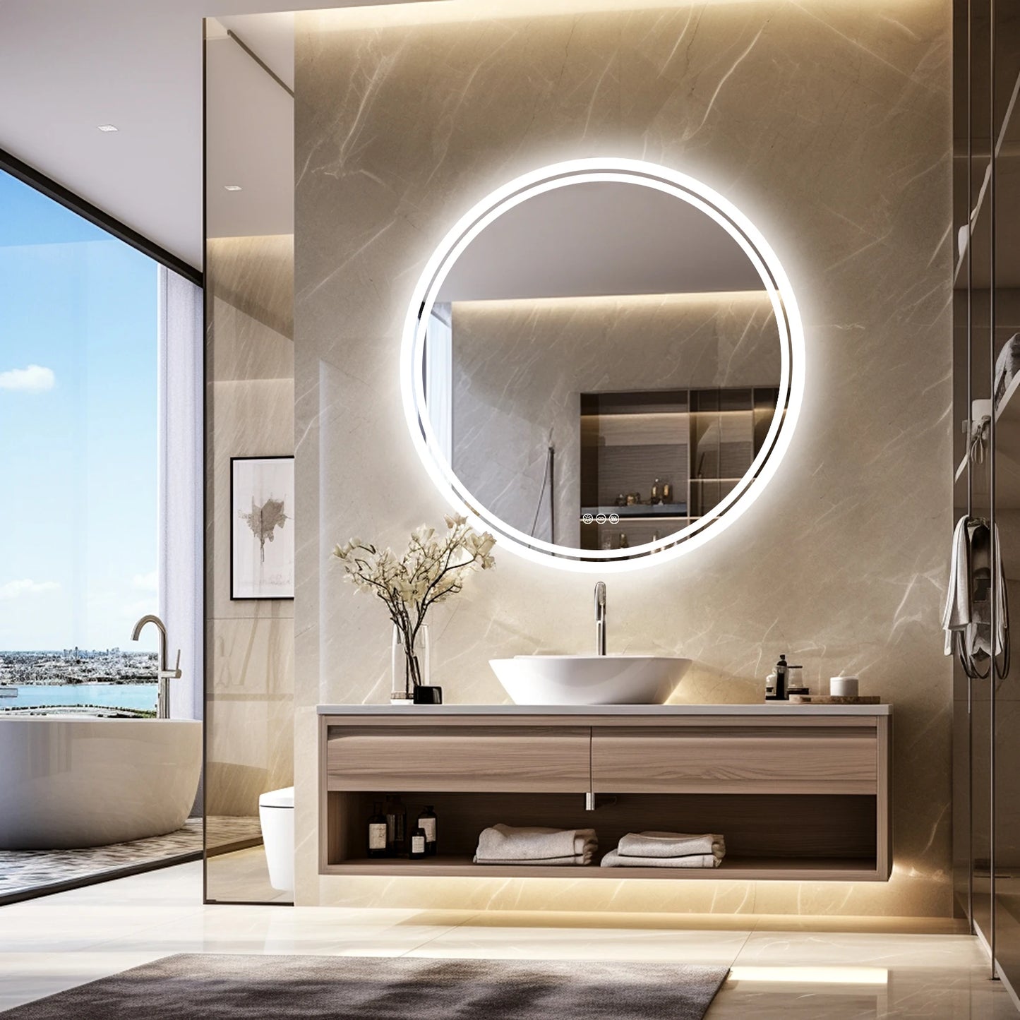 Round Led Bathroom Mirror With Backlit Lights Dimmable