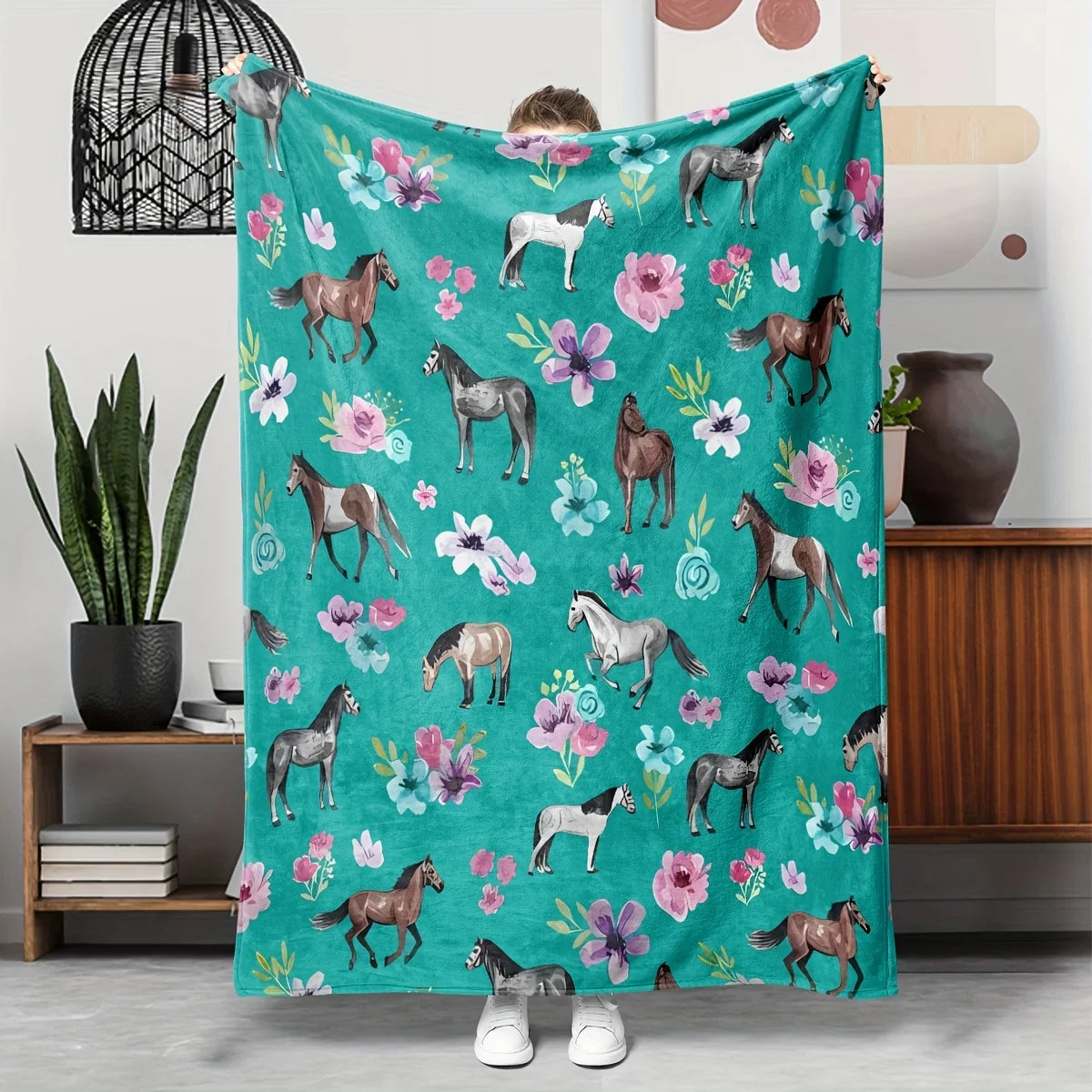 Cartoon Horse Floral Flannel Throw Blanket .Soft Cozy Horse Blanket for Bed, Sofa & Home
