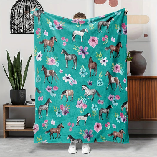 Cartoon Horse Floral Flannel Throw Blanket .Soft Cozy Horse Blanket for Bed, Sofa & Home