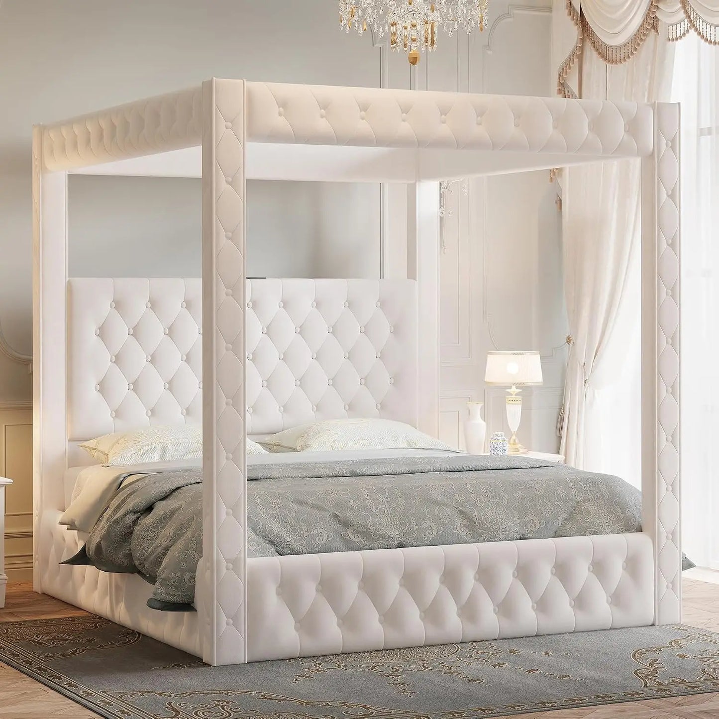 Velvet Upholstered Canopy Bed Frame with Padded Headboard