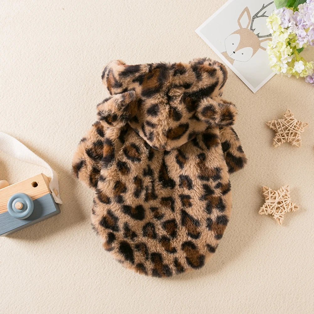 Luxury Leopard Print Fleece Dog Hoodie .Warm Winter Pet Jacket