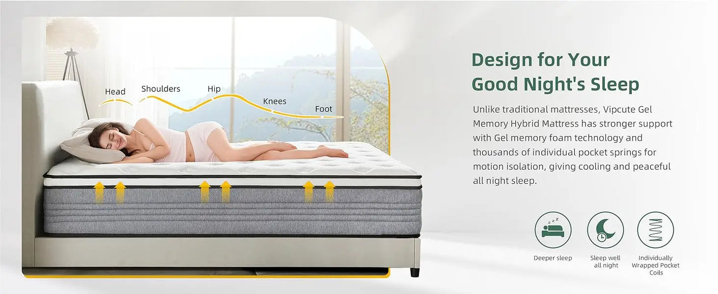 Twin Mattress, 10 Inch Twin Size Mattresses, 10 Inch Hybrid Pocketed Coil Mattress in a Box with Gel Memory Foam, Medium Firm, C