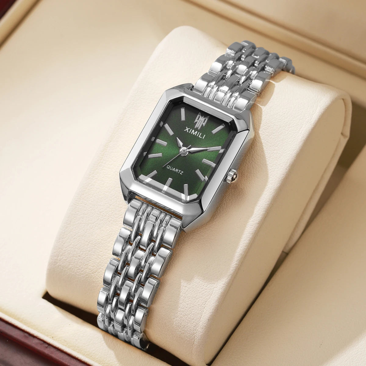 Elegant Women’s Rectangular Quartz Watch. Stainless Steel Bracelet Fashion Timepiece