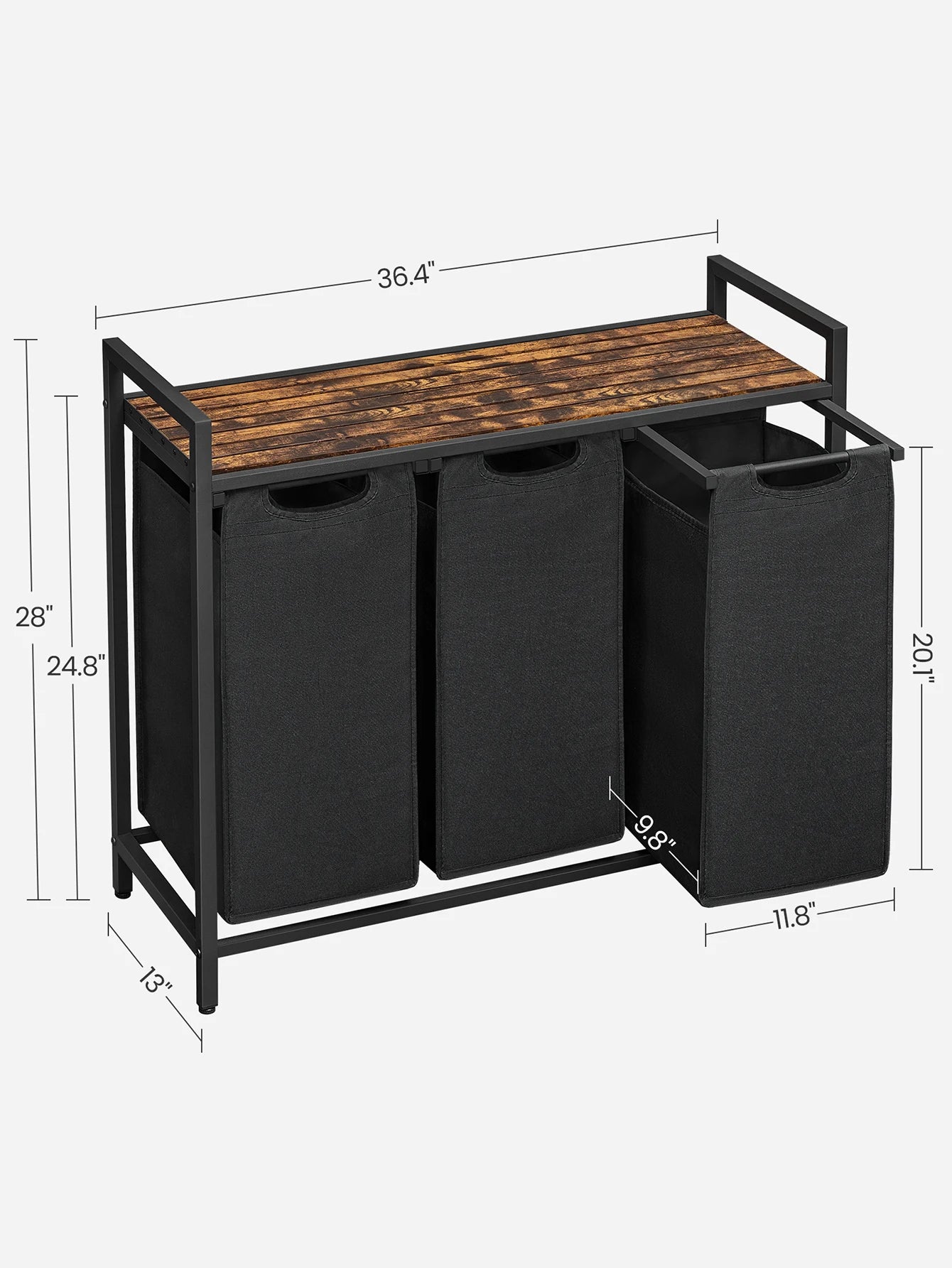 3-Bag Laundry Sorter with Rustic Wood Top. Large Laundry Hamper