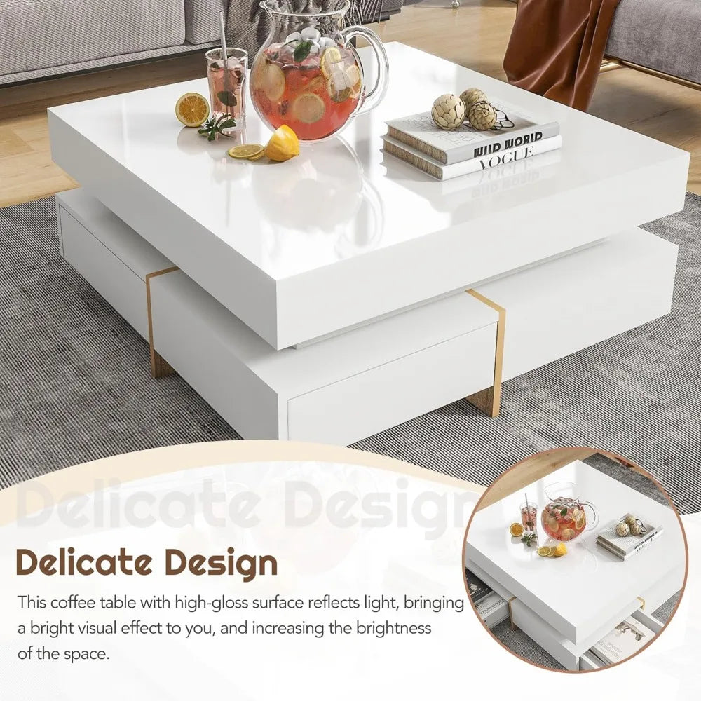Modern Coffee Table with Storage, Contemporary Square Coffee Table with Drawers, High Gloss Modern Center Table for Living Room,