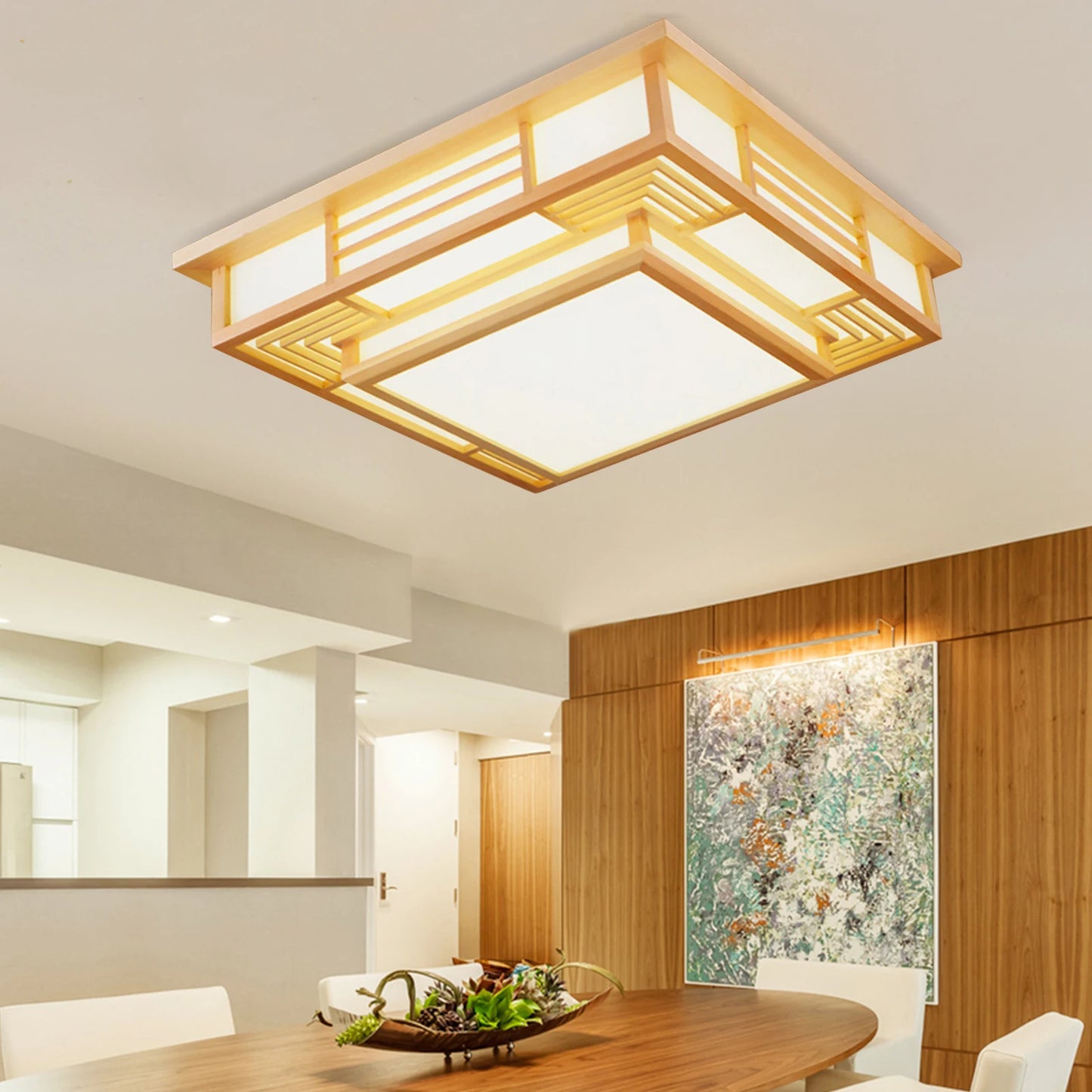 Japan Style Ceiling Lamp Solid Wood Wooden LED Light Flush Mount Ceiling Light with Remote Control For Bedroom Living Room