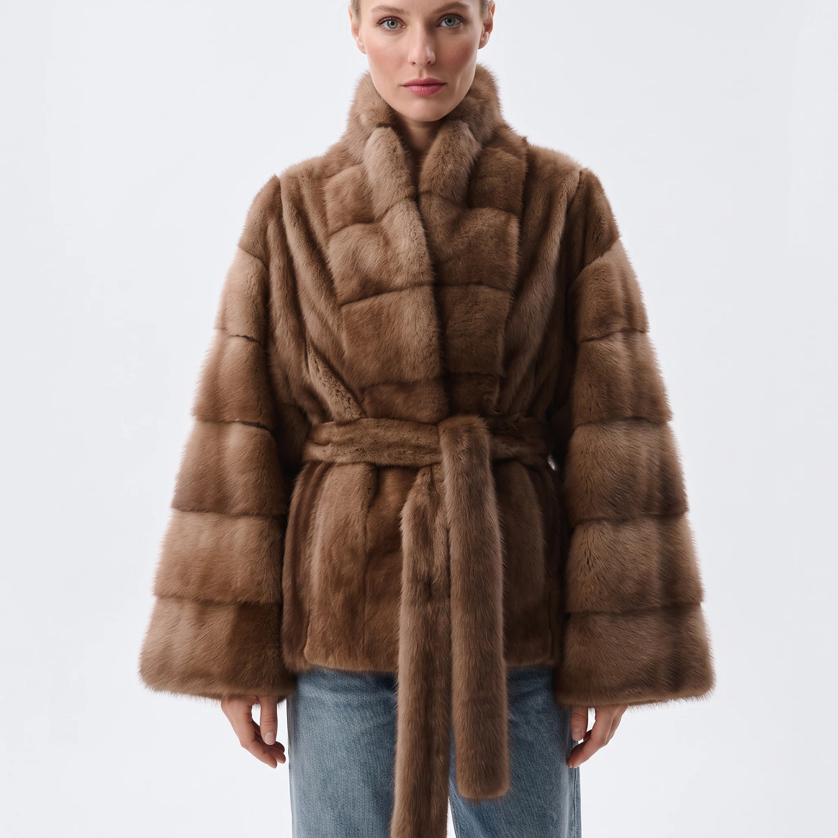 Women's Faux Mink Fur Jacket. Belted Short Winter Coat with Stand Collar