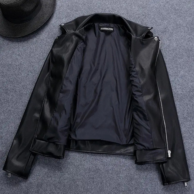 Women's Black Faux Leather Biker Jacket.  Asymmetrical Zip-Up Coat with Lapel Collar