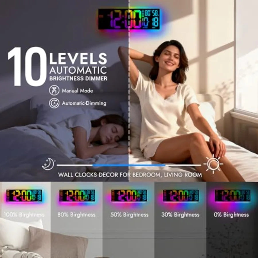 RGB LED Digital Wall Clock with Remote Control, Temperature Display, Alarm & Date Function