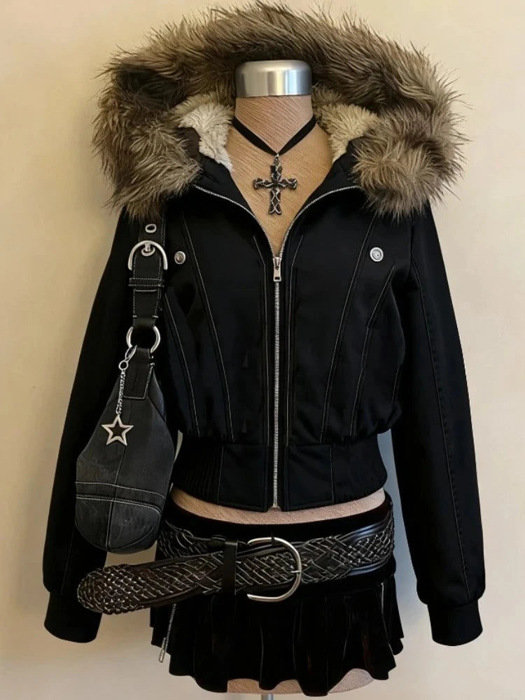 Women's Hooded Faux Fur Trim Winter Parka . Warm Padded Coat with Pockets