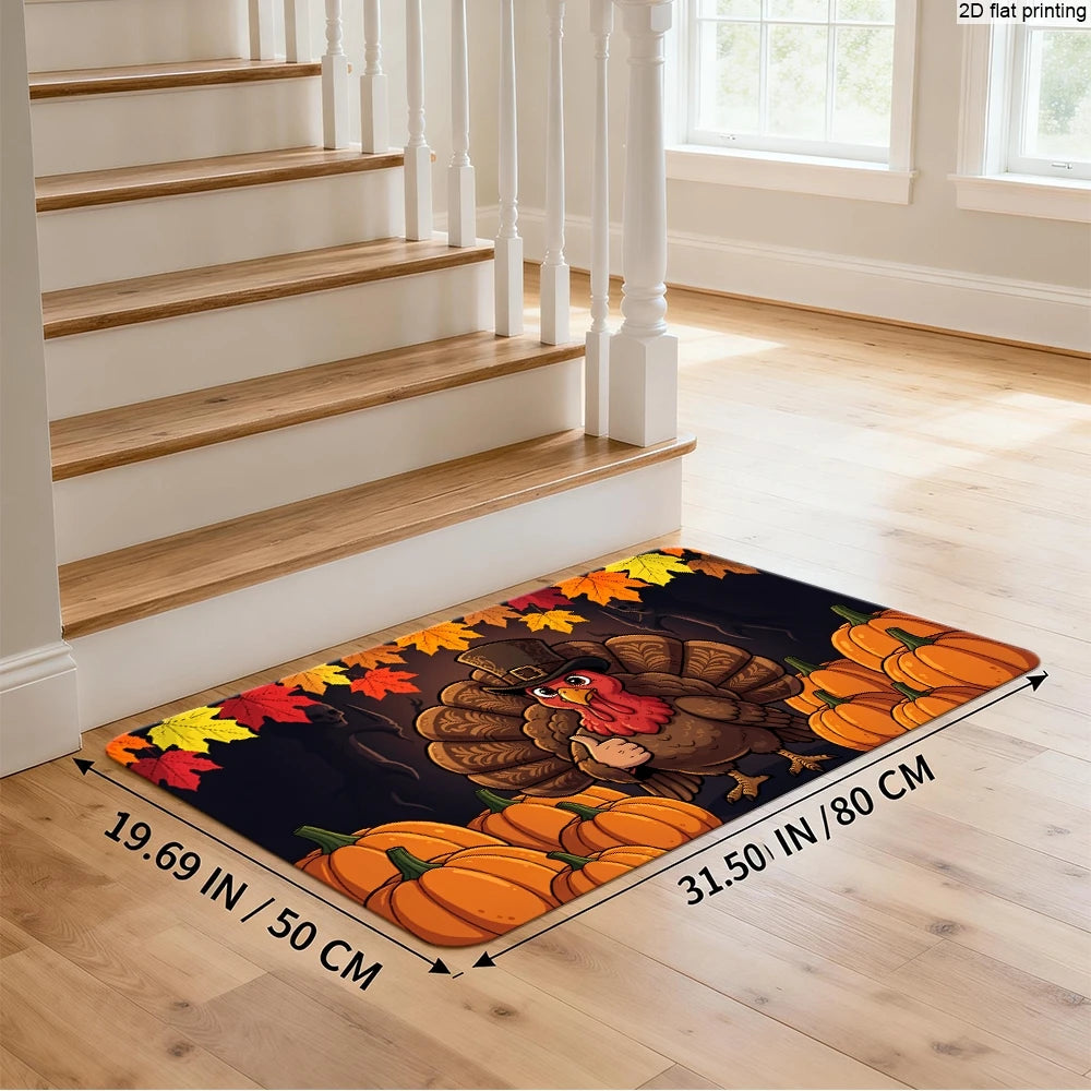Thanksgiving Kitchen Runner Rug. Pumpkin, Turkey & Fall Leaves Non-Slip Floor Runner for Autumn Harvest Home Décor
