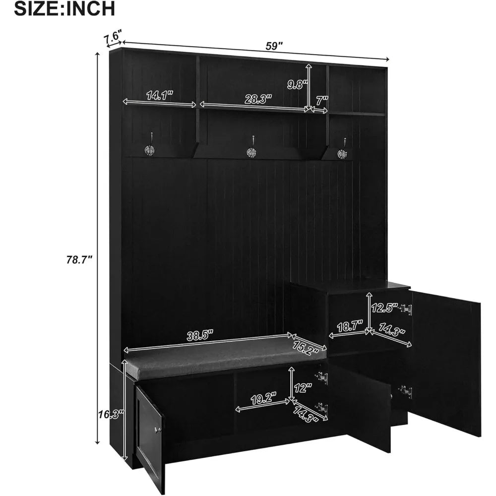 Hall Tree with Soft Cushion Storage Bench,Functional Hallway Shoe Cabinet with 3 Shelves and Coat Rack w/3 Hooks for Entryways,
