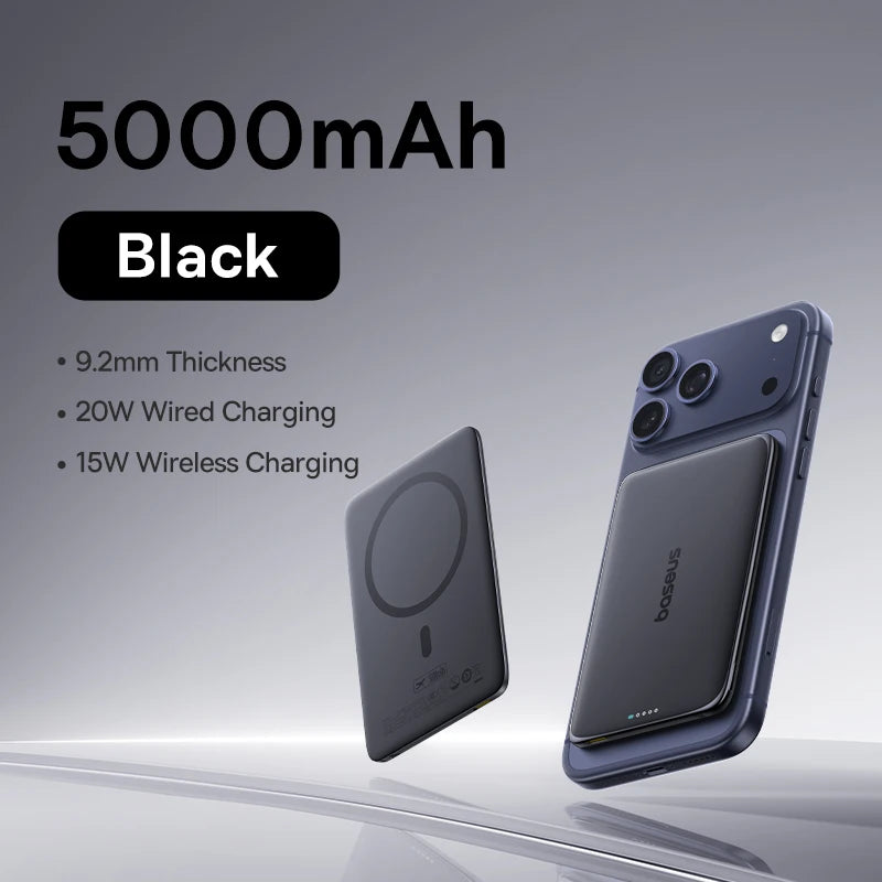 Baseus 5000mAh Magnetic Power Bank 20W PD Fast Charging – 15W Wireless Ultra-Slim Portable Charger for iPhone & USB-C Devices