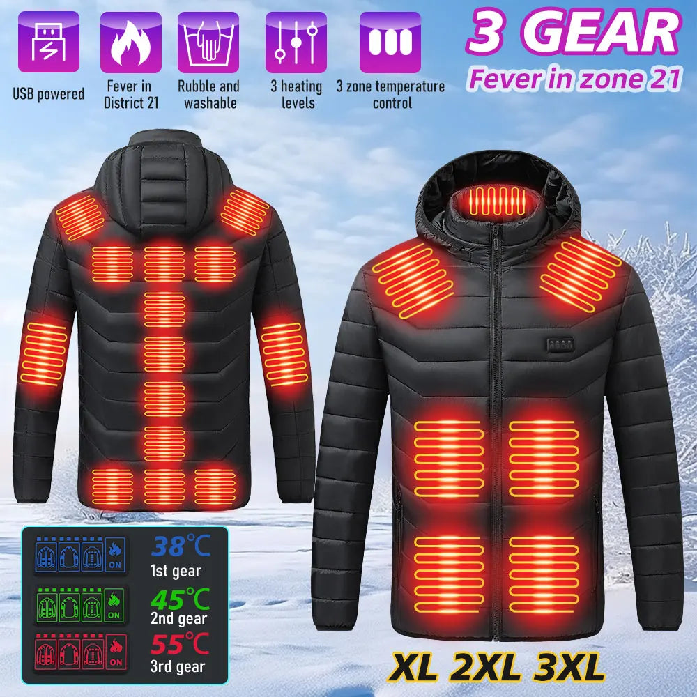 21 Areas Heating Jackets Smart Thermostat Pure Color Hooded Heated Clothing Winter USB Electric Heated Coat Self Heating Clothes