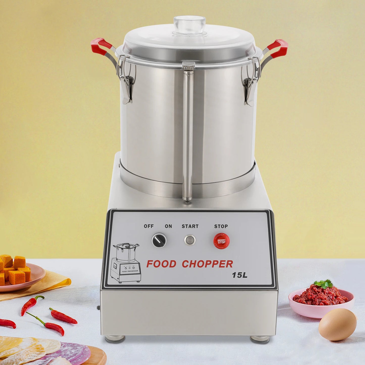 15L 201 Stainless Steel Silver Food Processor Chopping Machine 110V ,Tabletop 1400rpm for Restaurants, Cafeterias