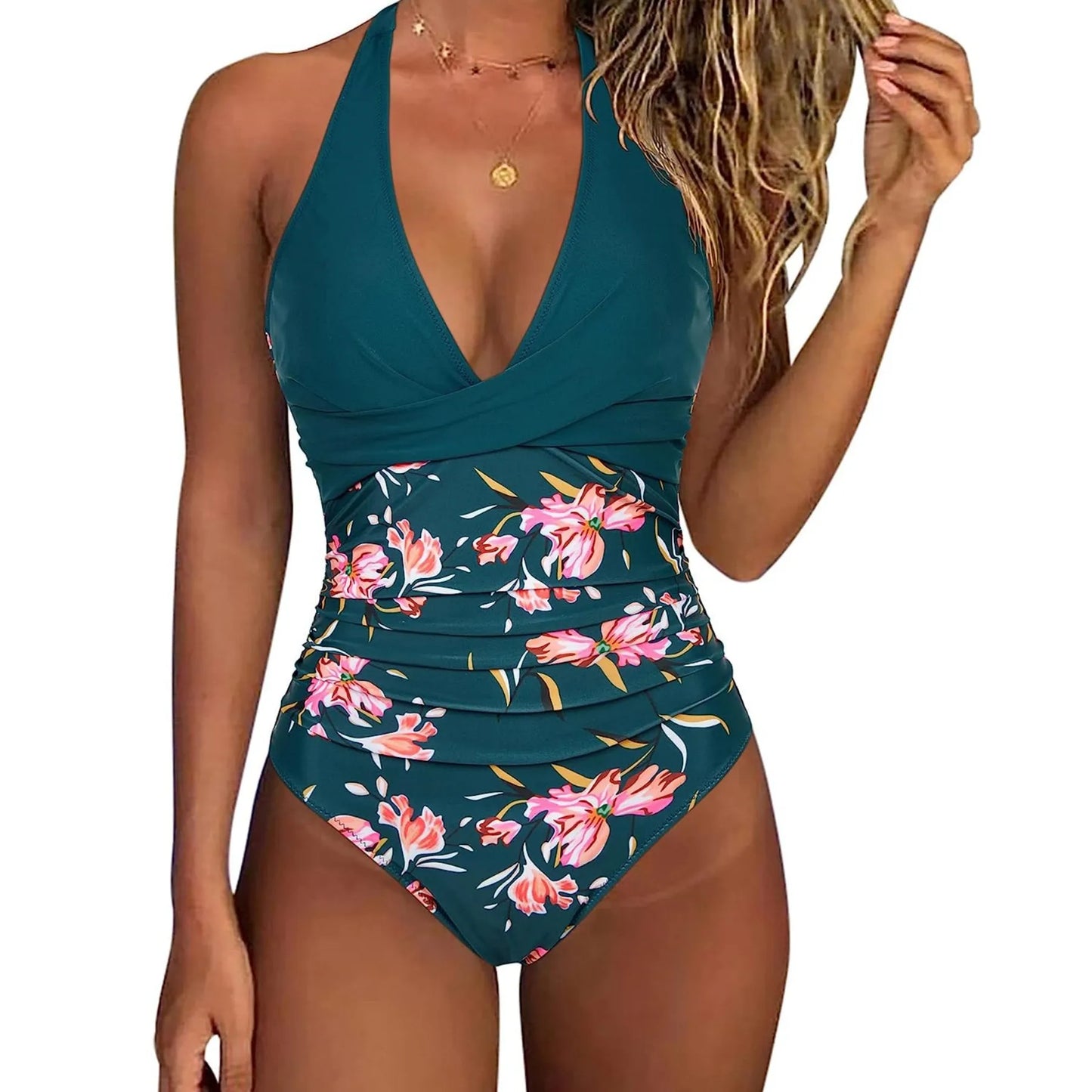 Women’s Slimming Halter One-Piece Swimsuit | Tummy Control V-Neck Bathing Suit