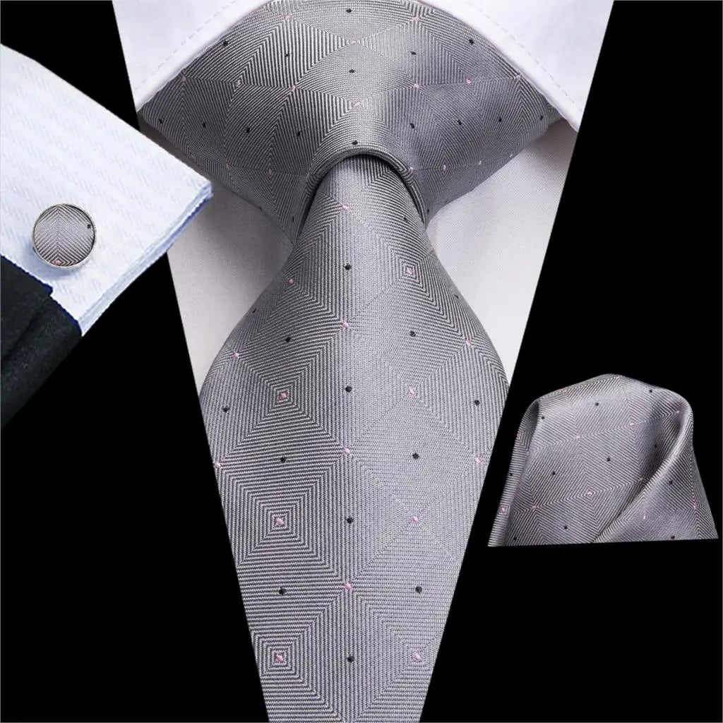 Hi-Tie Luxury Silver Men’s Necktie Set with Pocket Square & Cufflinks | Wedding, Business & Formal Events