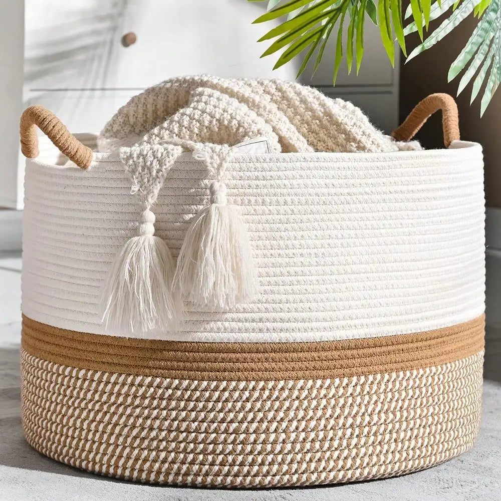 Large Woven Cotton Rope Storage Basket for Blankets & Laundry