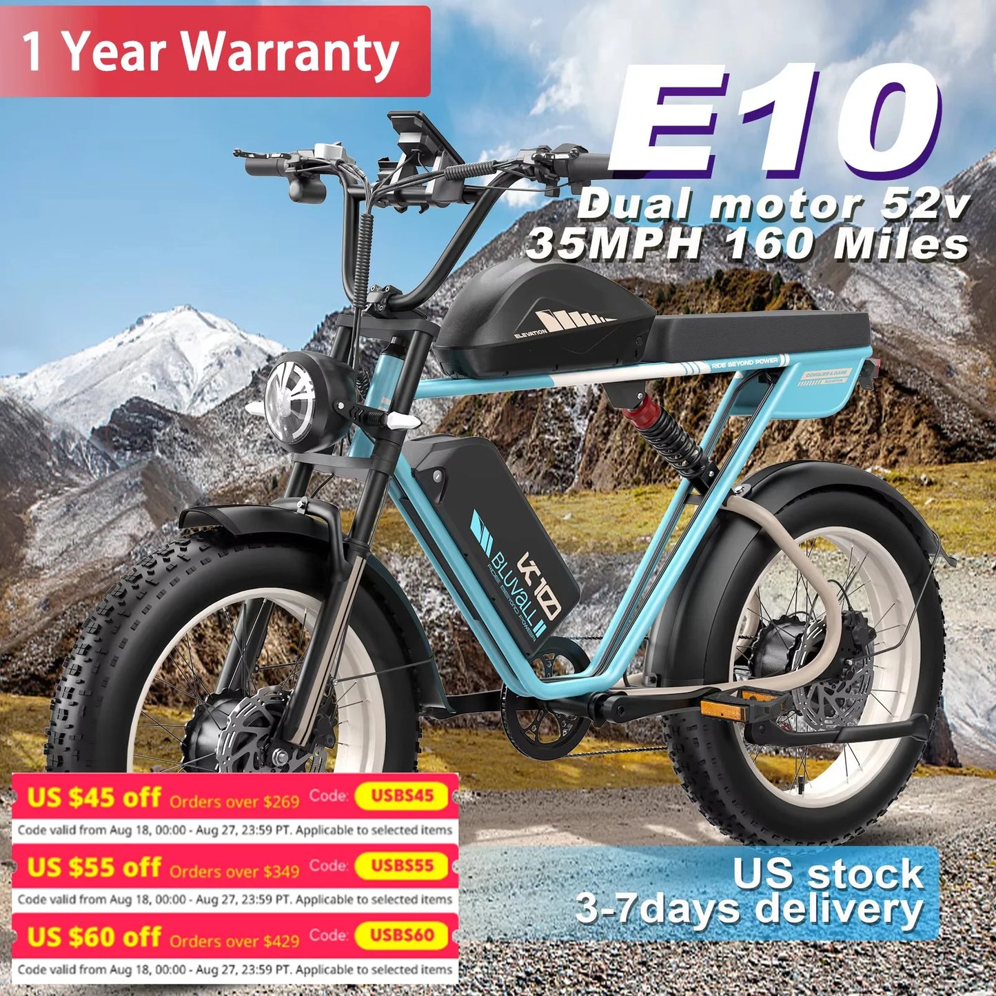 E10 Electric Bike 52V Dual Motors 35MPH Speed 160-Mile Range High-Capacity Battery Long-Distance Commuting eBike