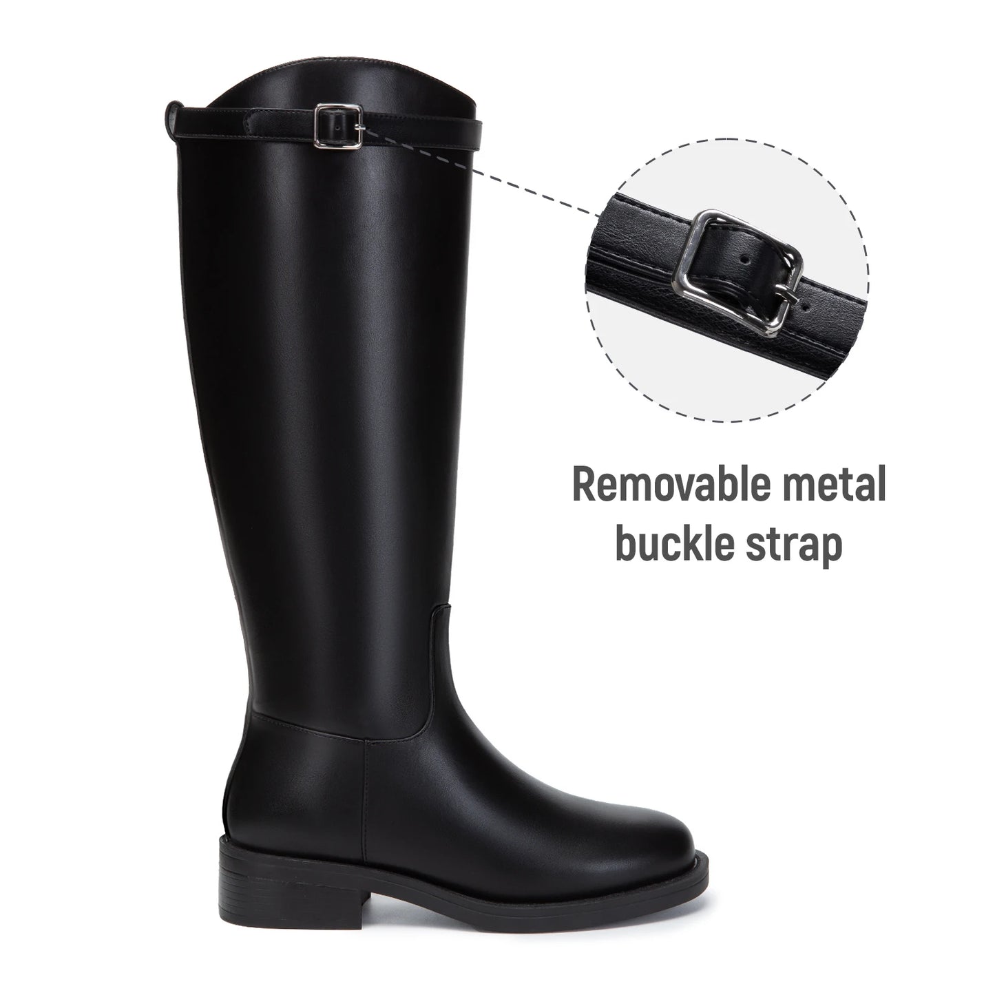 Athlefit Women's Knee High Riding Boots Round Toe Low Heel Tall Boots Pull On Long Booties with Buckle