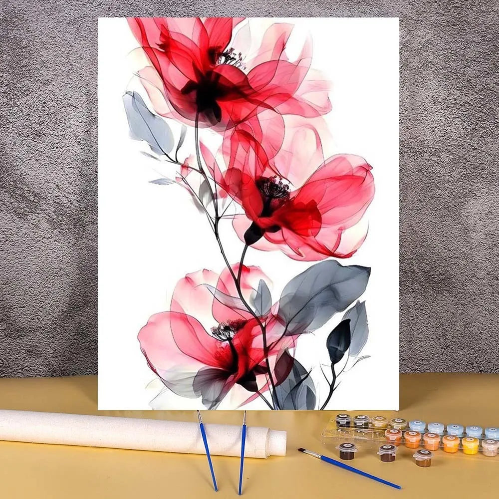 DIY Paint by Numbers Ink & Wash Flower Canvas Kit . Floral Acrylic Painting Set for Adults & Beginners Home Wall Decor Gift