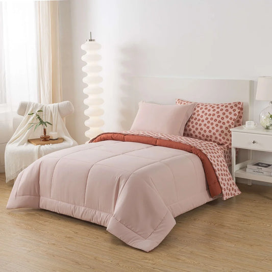 5-Piece Reversible Bed in a Bag Comforter Set with Sheets Soft Pink Red Canyon Twin XL Cozy Bedding All Ages