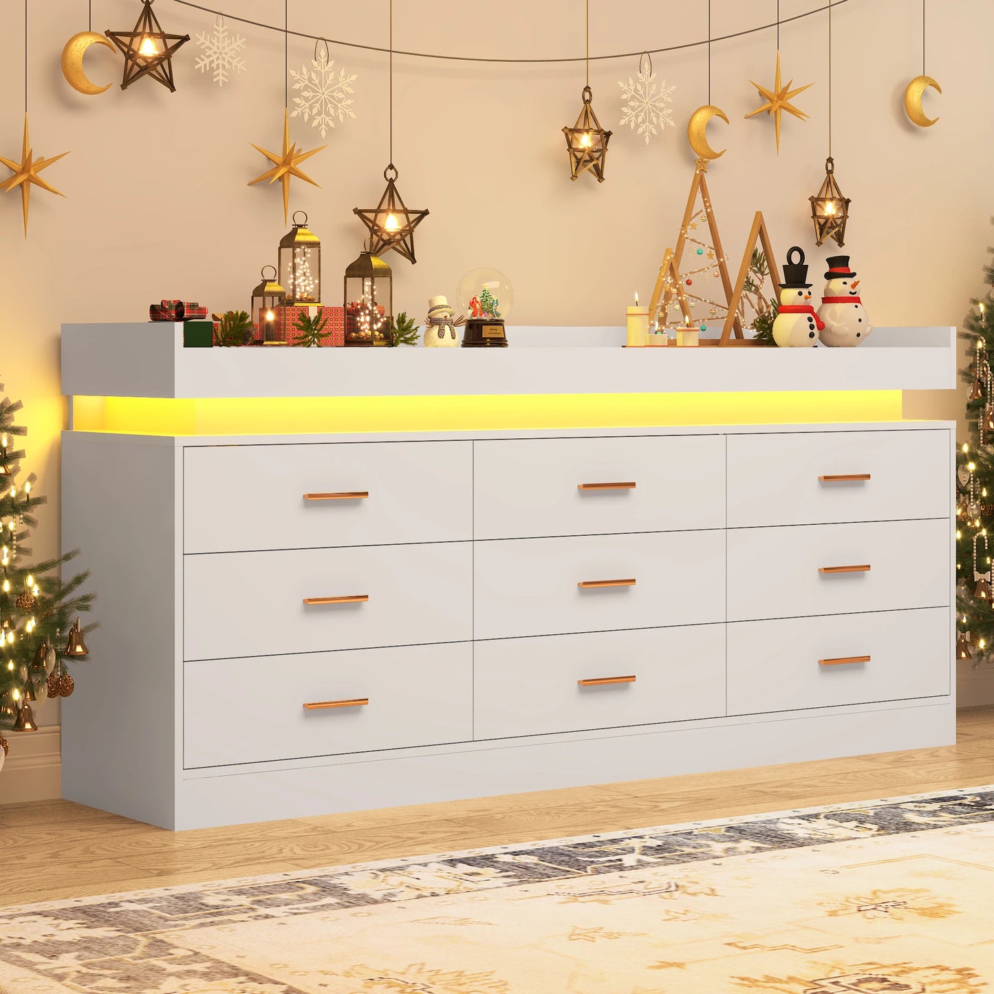 9 Drawer Dresser with LED Light and Charging Station, Modern Chest of Drawers for Closet, Wide Drawer Organizer Cabinet
