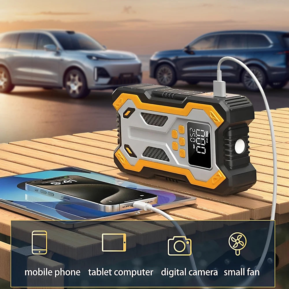 Portable Car Jump Starter with Digital Tire Inflator | 12V Battery Booster Pack | Air Compressor | LED Flashlight | USB Power Bank