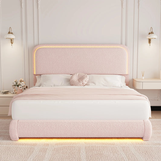 Full Size LED Bed Frame with Storage Drawers, Teddy Upholstery, Rounded Headboard, Soft and Cozy, No Box Spring Needed