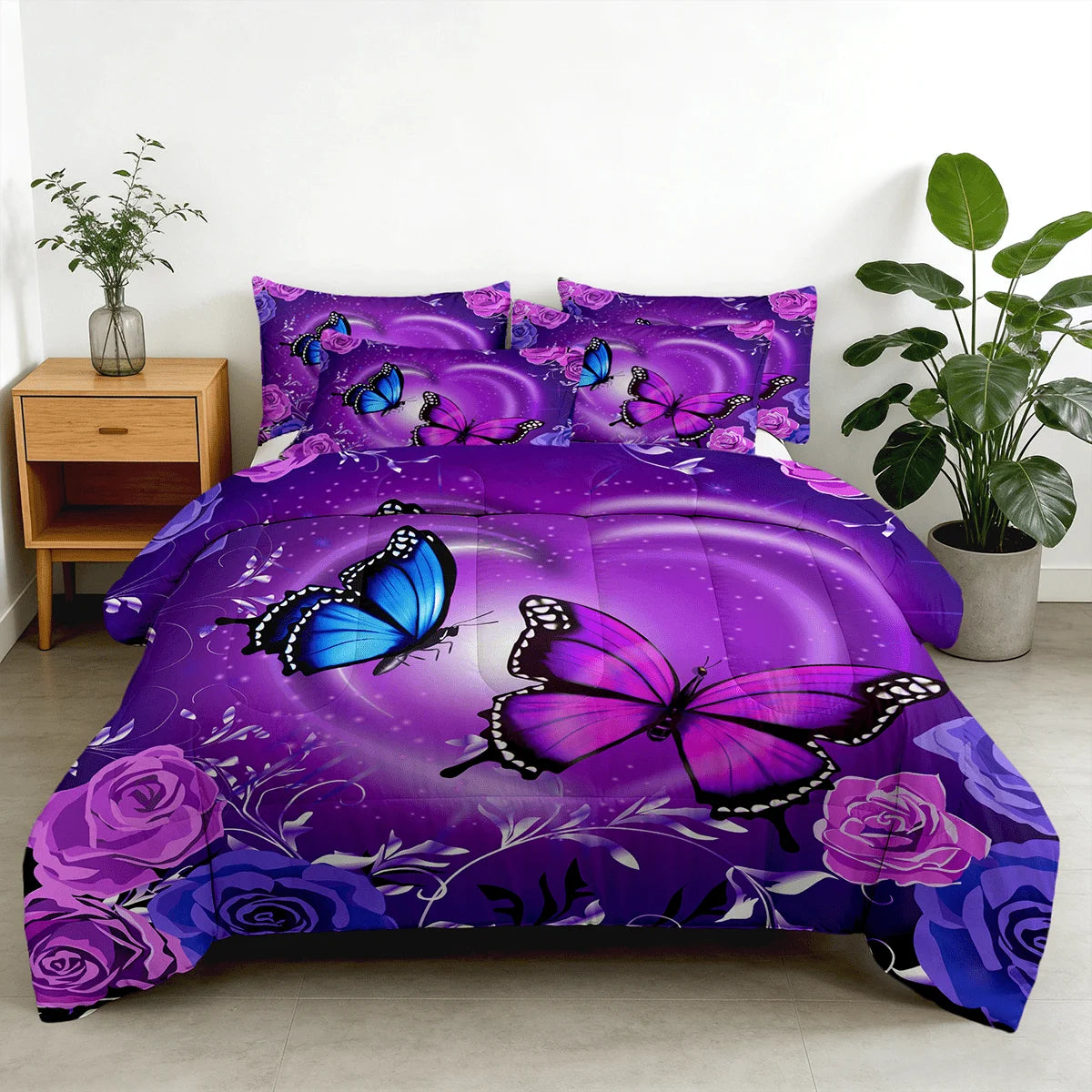 Purple Butterfly Floral Comforter Bedding Set
