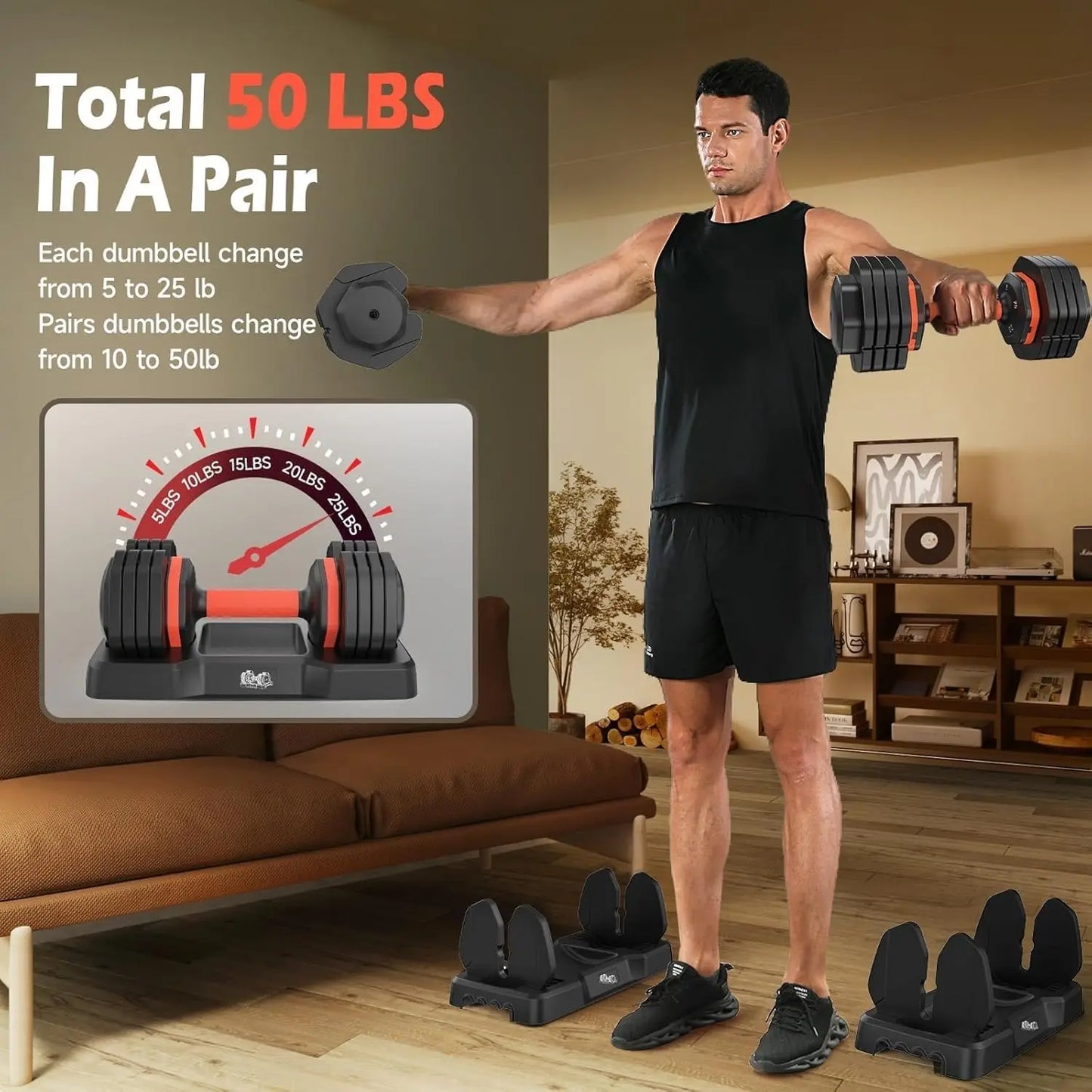 Adjustable Dumbbell Set 5LB–25LB Pair for Home Gym Strength Training