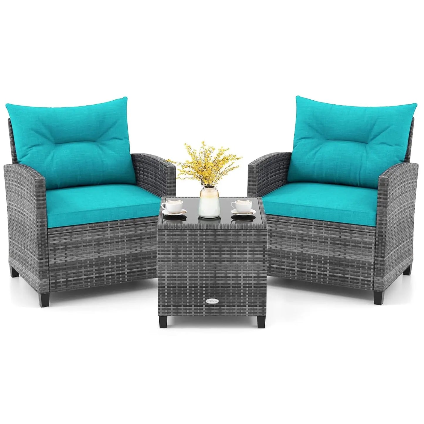 Modern 3 Piece Outdoor Patio Conversation Set with Cushioned Chairs and Coffee Table