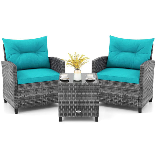 Modern 3 Piece Outdoor Patio Conversation Set with Cushioned Chairs and Coffee Table