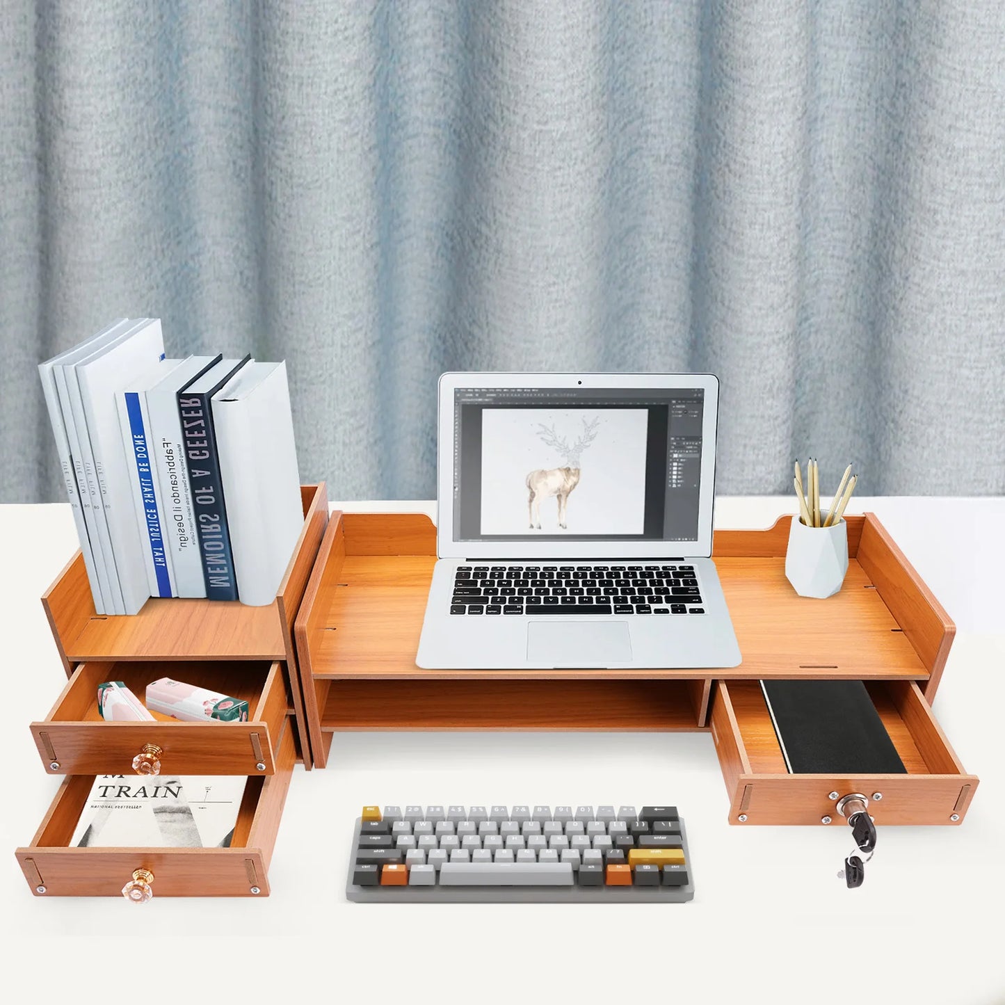 Computer Monitor Stand with Storage Drawers, Wooden Desktop Monitor Riser & Laptop Stand Organizer for Home Office