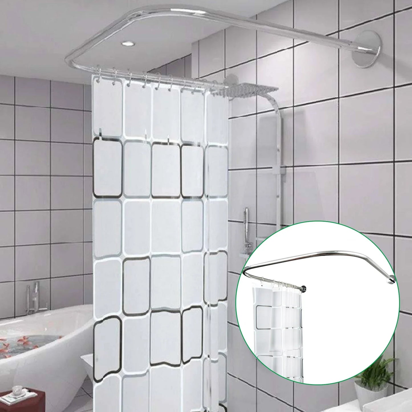 Stainless Steel Shower Curtain Rod U Shaped Adjustable Tub