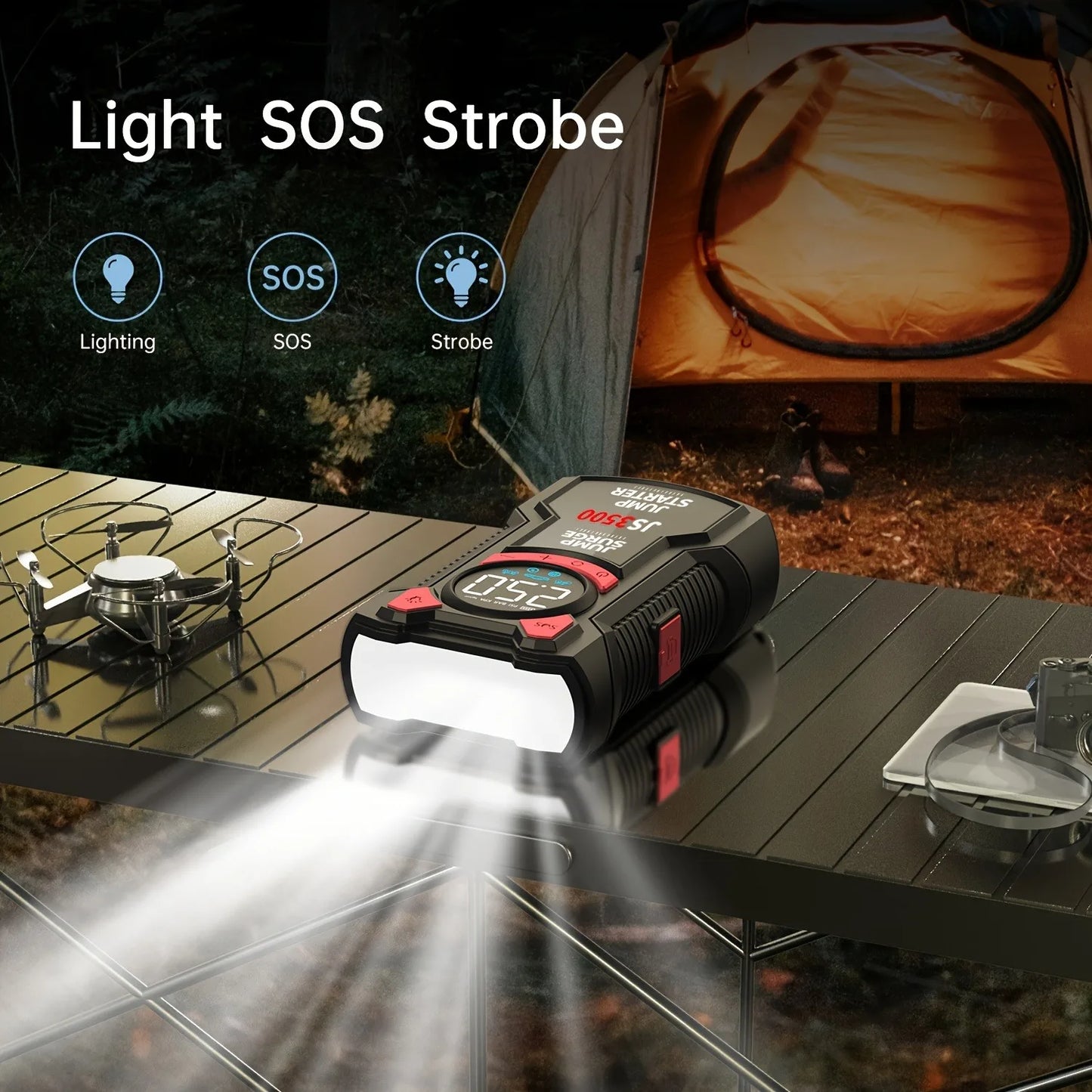 3000A Portable Car Jump Starter with Air Compressor  5-in-1 Battery Booster, Tire Inflator, LED Light & Power Bank